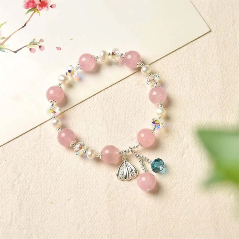 925 Silver Natural Rose Quartz Pearl Silver Shell Bracelet