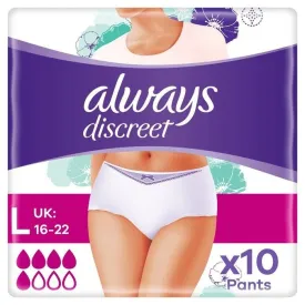 Always Discreet Incontinence Pants Large Normal x 10 Pants Size 16-22