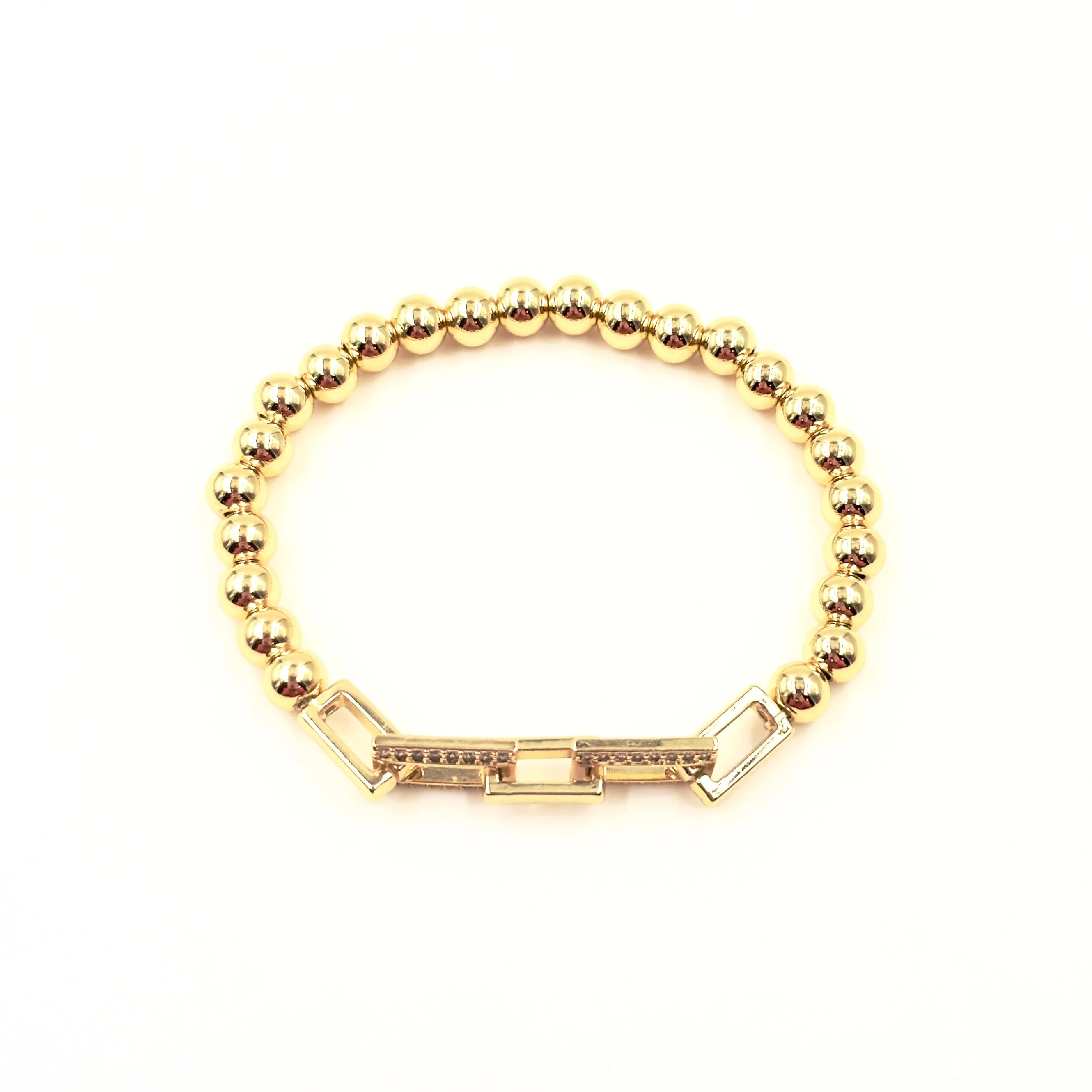 Ashley Gold Stainless Steel Gold Plated 2 CZ Encrusted Square Link Chain Stretch Beaded Bracelet