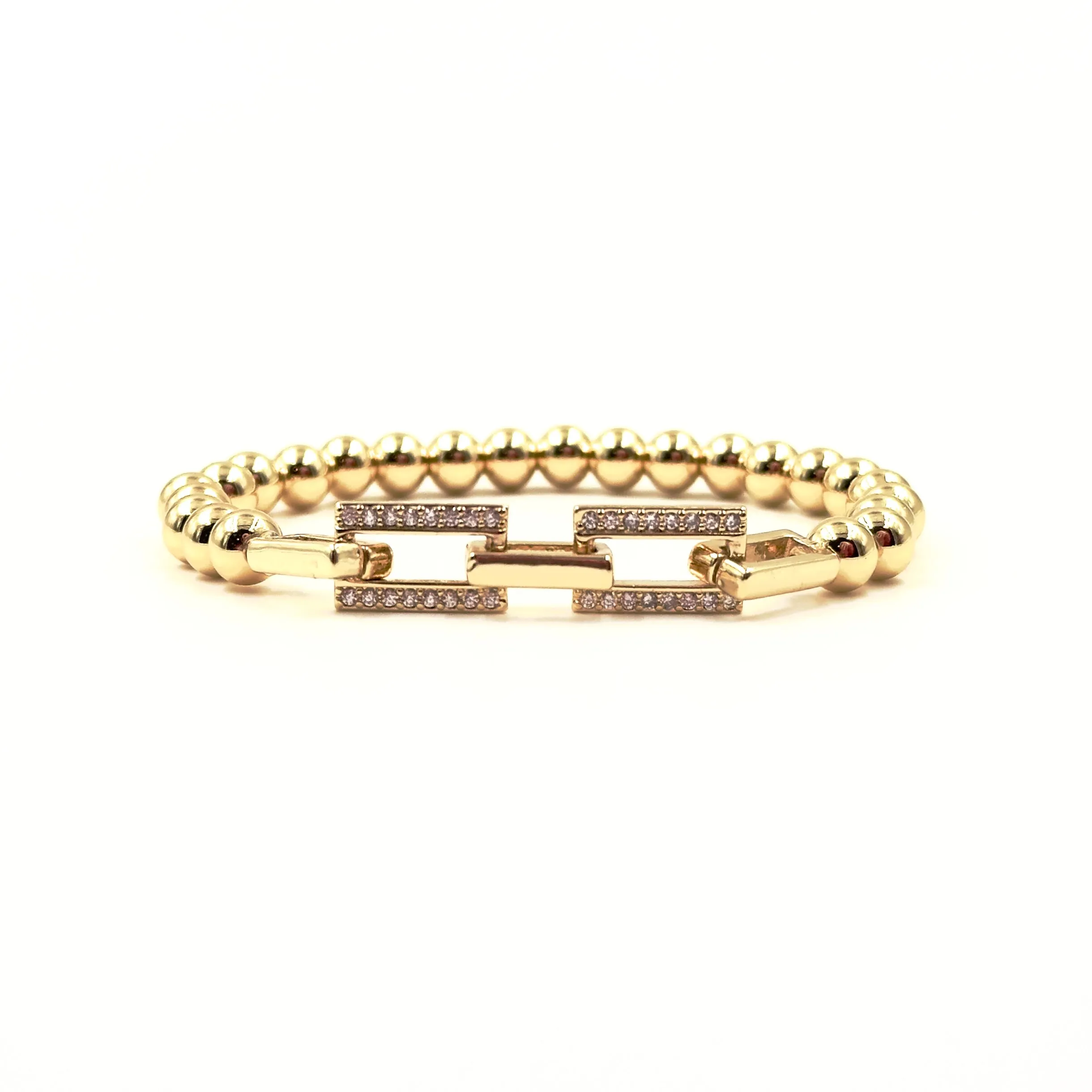 Ashley Gold Stainless Steel Gold Plated 2 CZ Encrusted Square Link Chain Stretch Beaded Bracelet