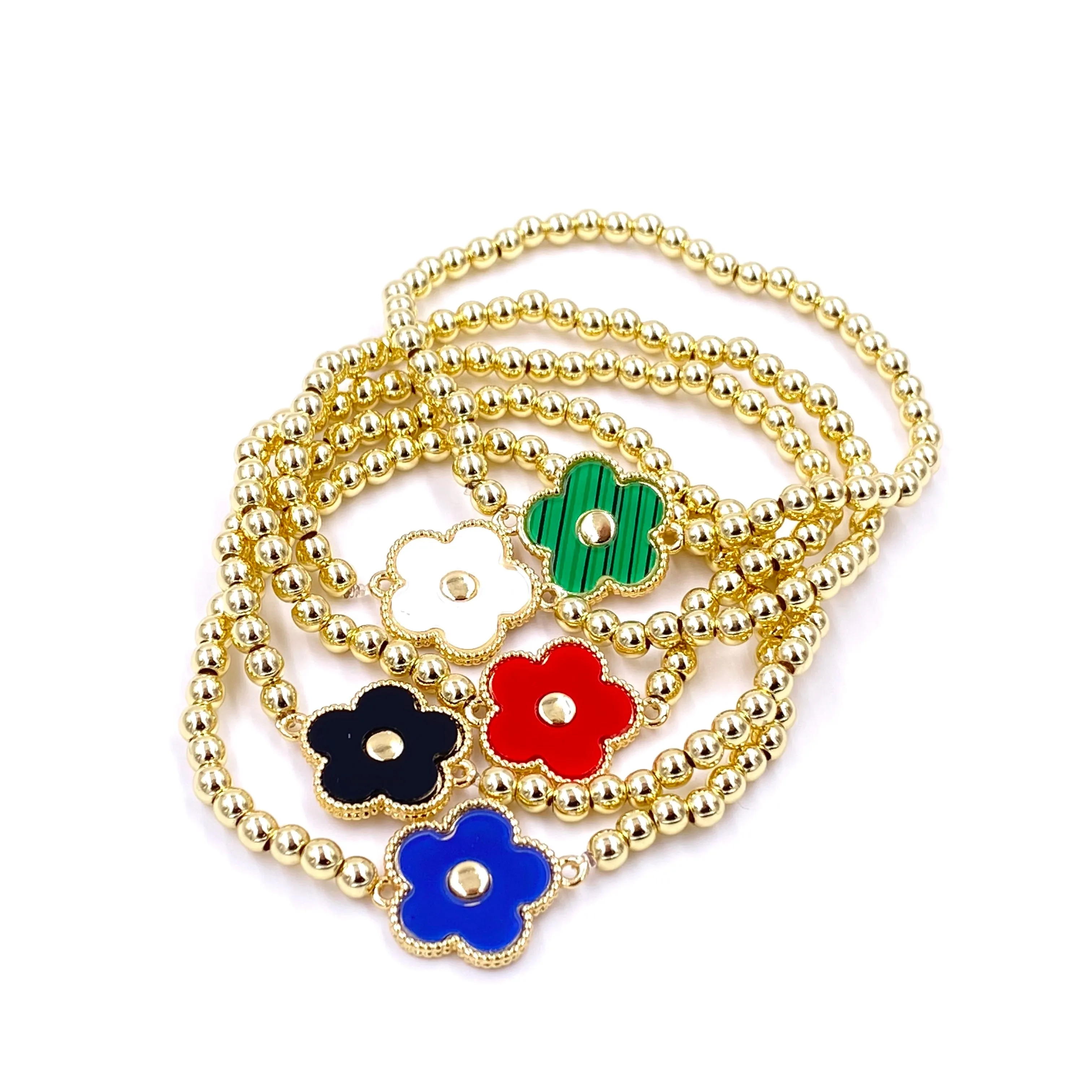 Ashley Gold Stainless Steel Gold Plated Flower Enamel Stretch Ball Beaded Bracelet