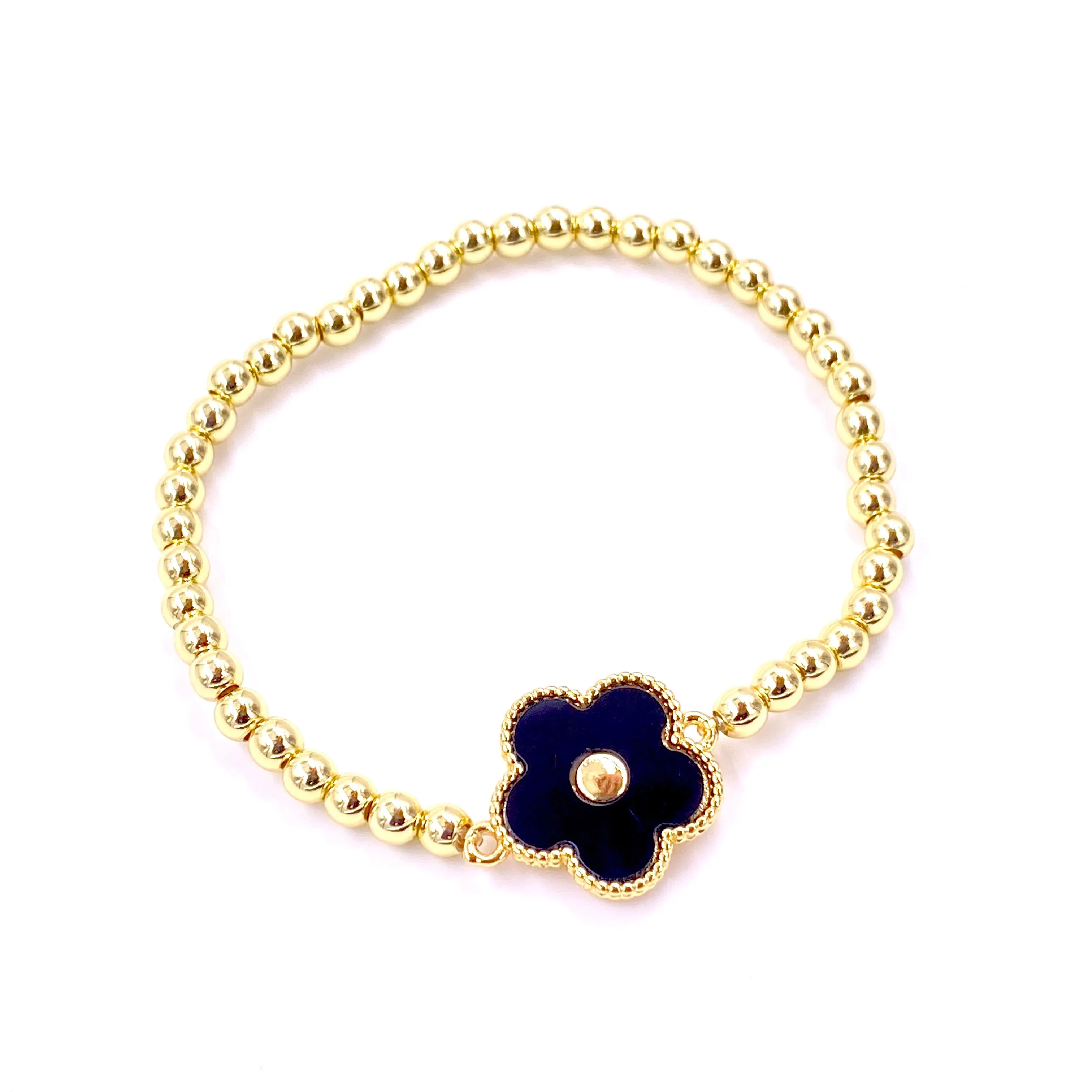 Ashley Gold Stainless Steel Gold Plated Flower Enamel Stretch Ball Beaded Bracelet