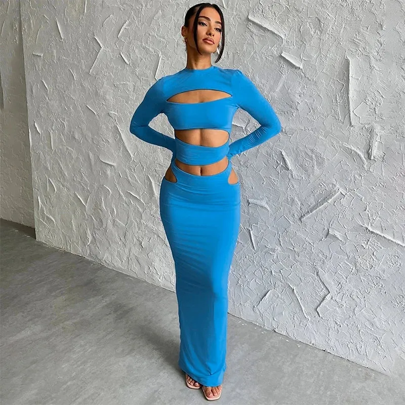 Autumn Winter Sexy Party Night Club Streetwear Cut Out Crop Top Long Skirt Sets Maxi Dress 2024