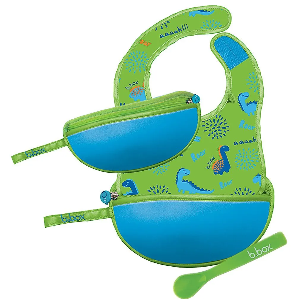 B.Box Travel Bib & Flexible Soft Bite Spoon Set - Dino Time Blue Green