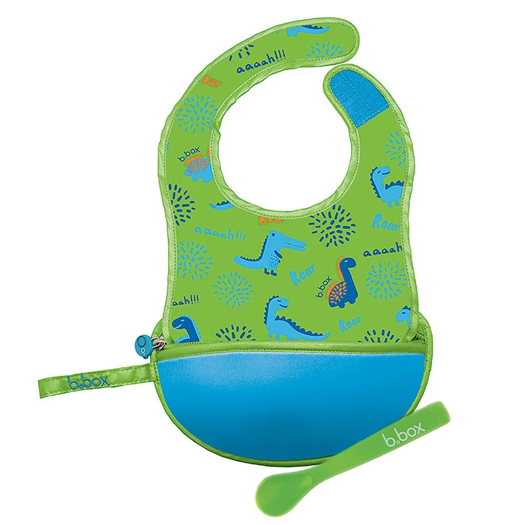 B.Box Travel Bib & Flexible Soft Bite Spoon Set - Dino Time Blue Green