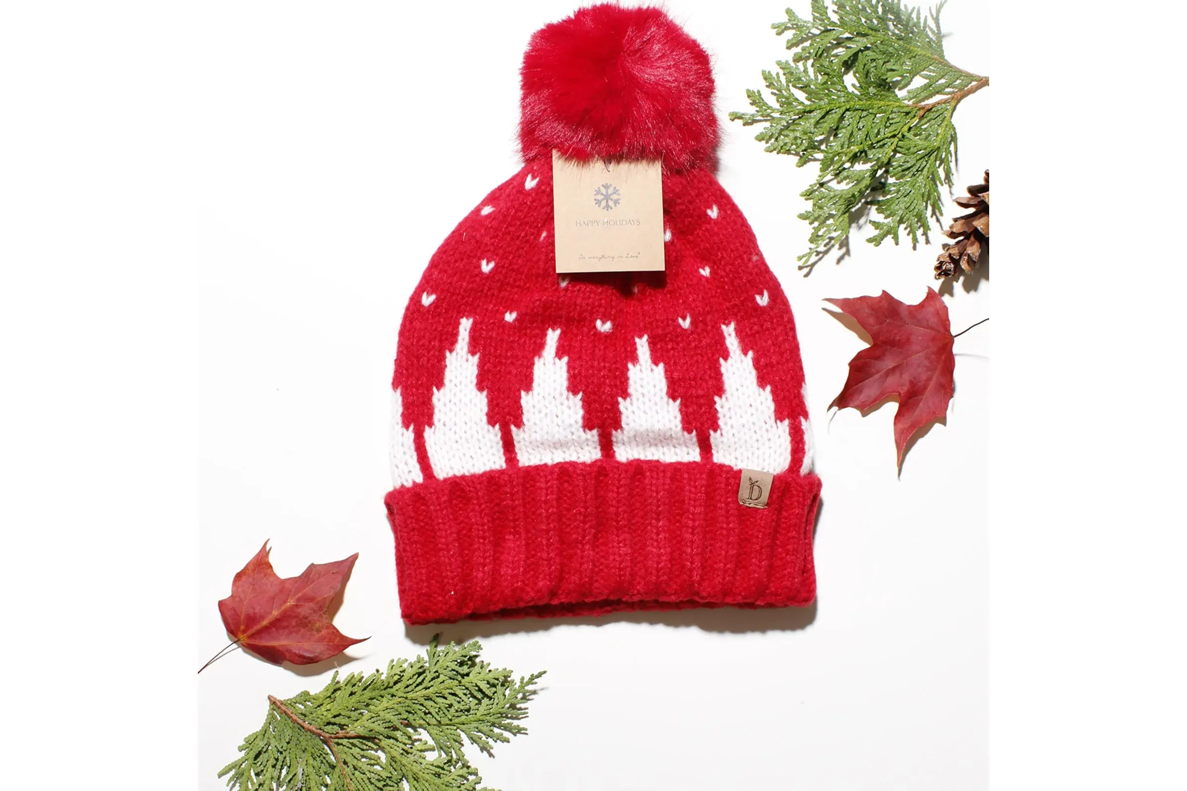 Beanie Hat Acrylic Red Snowing Pom Hat for Women