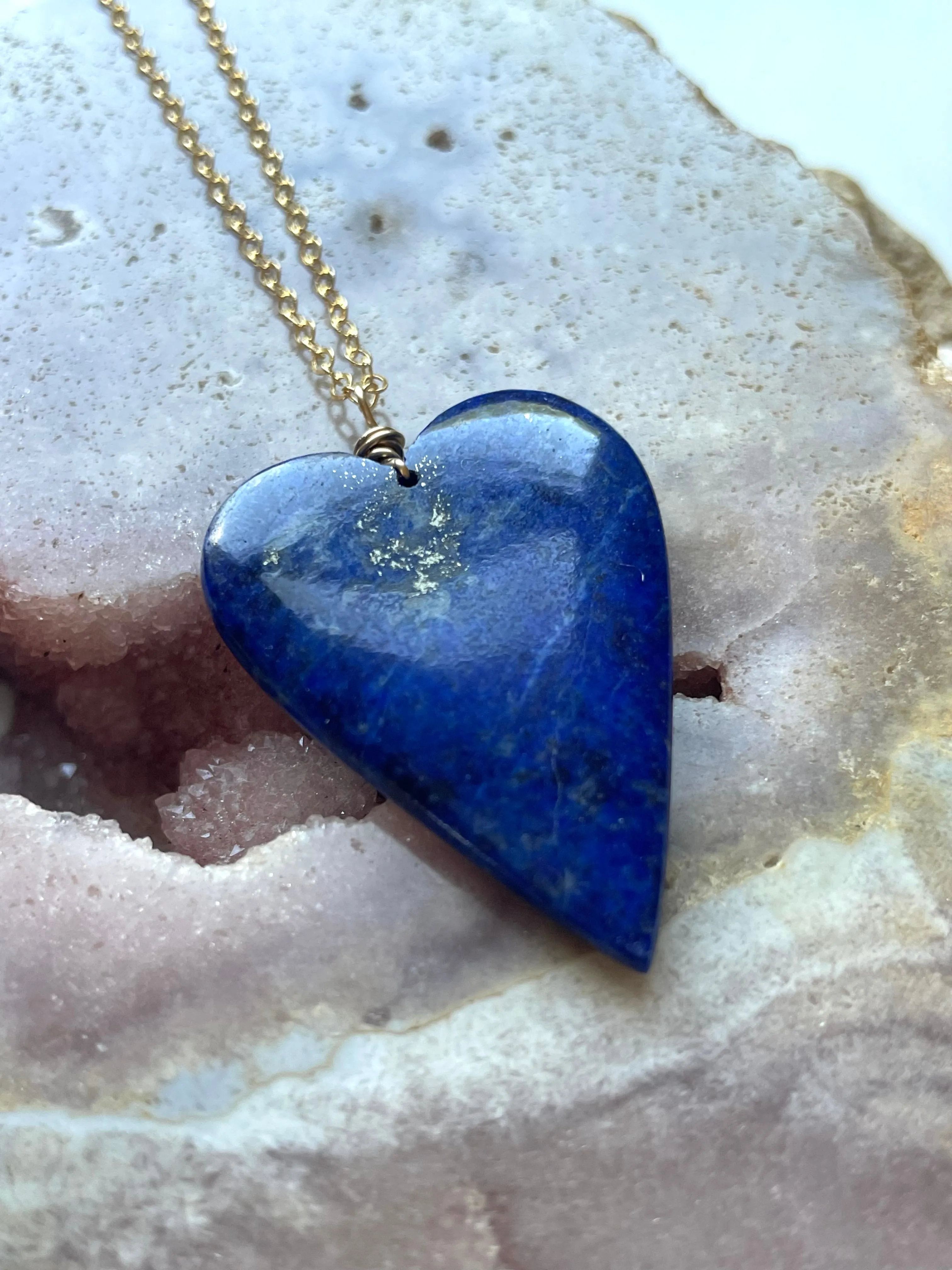 Blue Lapis Lazuli Heart Pendant Necklace  - Gold Necklace - Gemstone Necklace  - Lapis Lazuli Crystal Jewelry  - Raw Stone Necklace