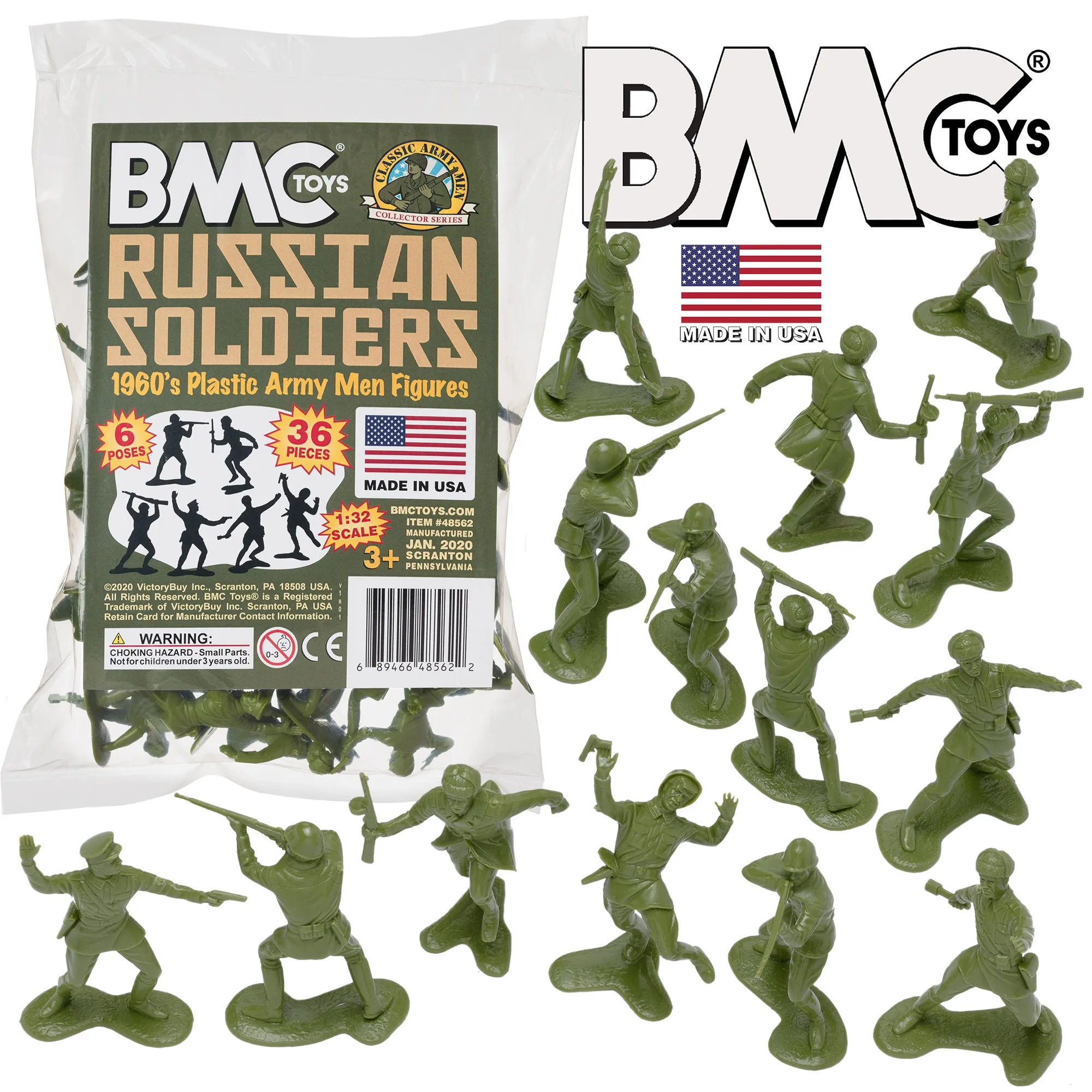 BMC Classic Marx Russian Plastic Army Men - OD Green 36pc WW2 Soldier Figures