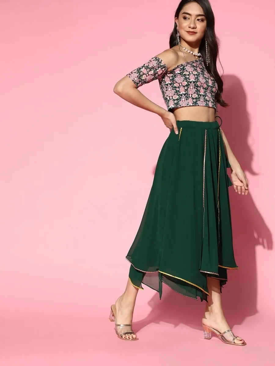 Bottle Green Embroidered Top with Solid Layered Skirt