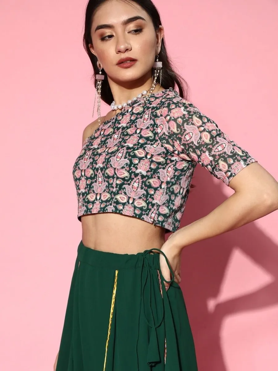 Bottle Green Embroidered Top with Solid Layered Skirt