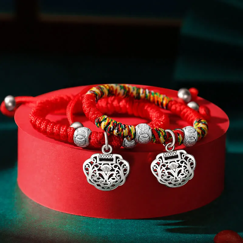 Buddha Stones 925 Sterling Silver Chinese Lock Charm Multicolored Red String Protection Handmade Braided Kids Bracelet