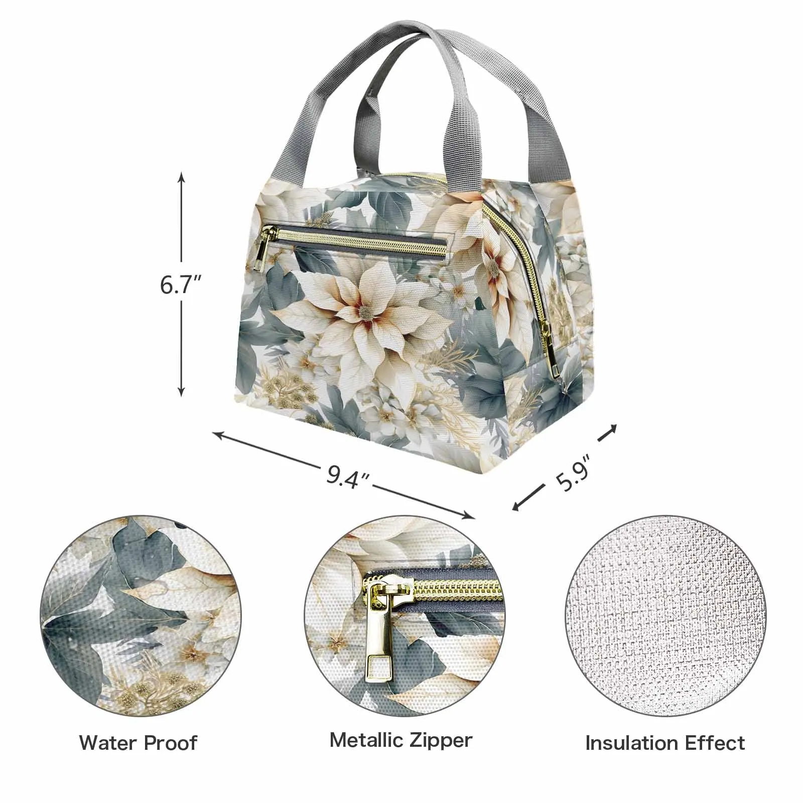 Cream Poinsettia  Portable Lunch Bag-Grey Handle