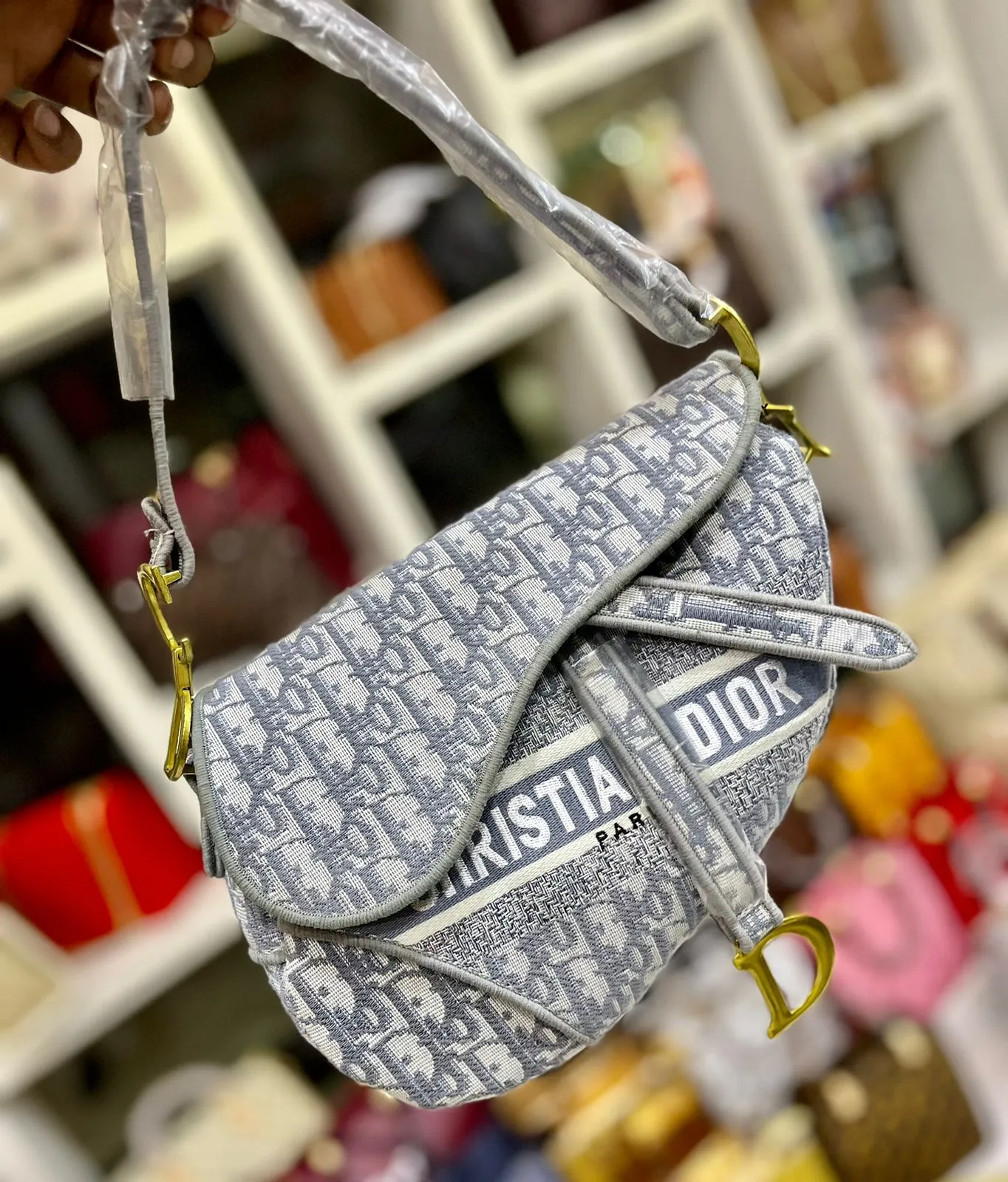 Dior-Inspired Fabric Saddle Women Bag with Brand Accessories (Grey)