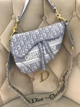 Dior-Inspired Fabric Saddle Women Bag with Brand Accessories (Grey)