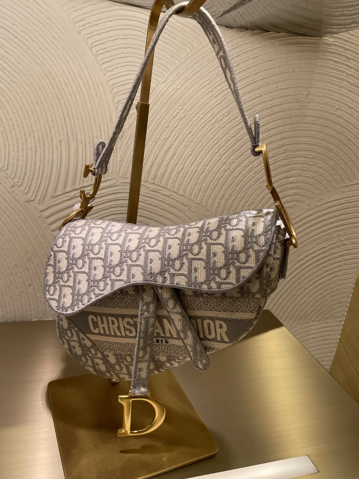 Dior-Inspired Fabric Saddle Women Bag with Brand Accessories (Grey)