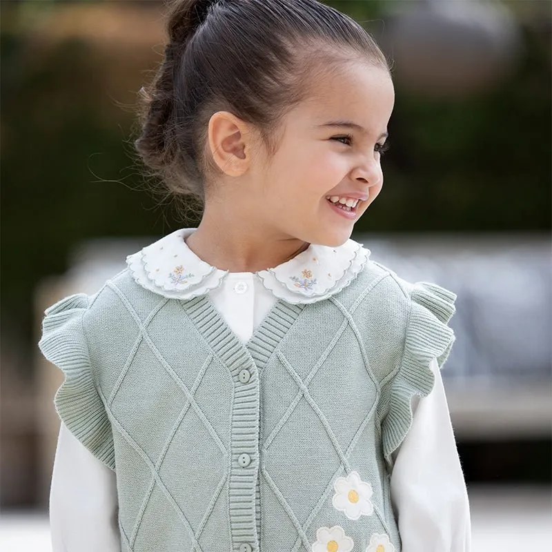 Double Embroidered Collar Girl Green Trim White Shirt