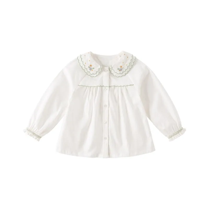 Double Embroidered Collar Girl Green Trim White Shirt