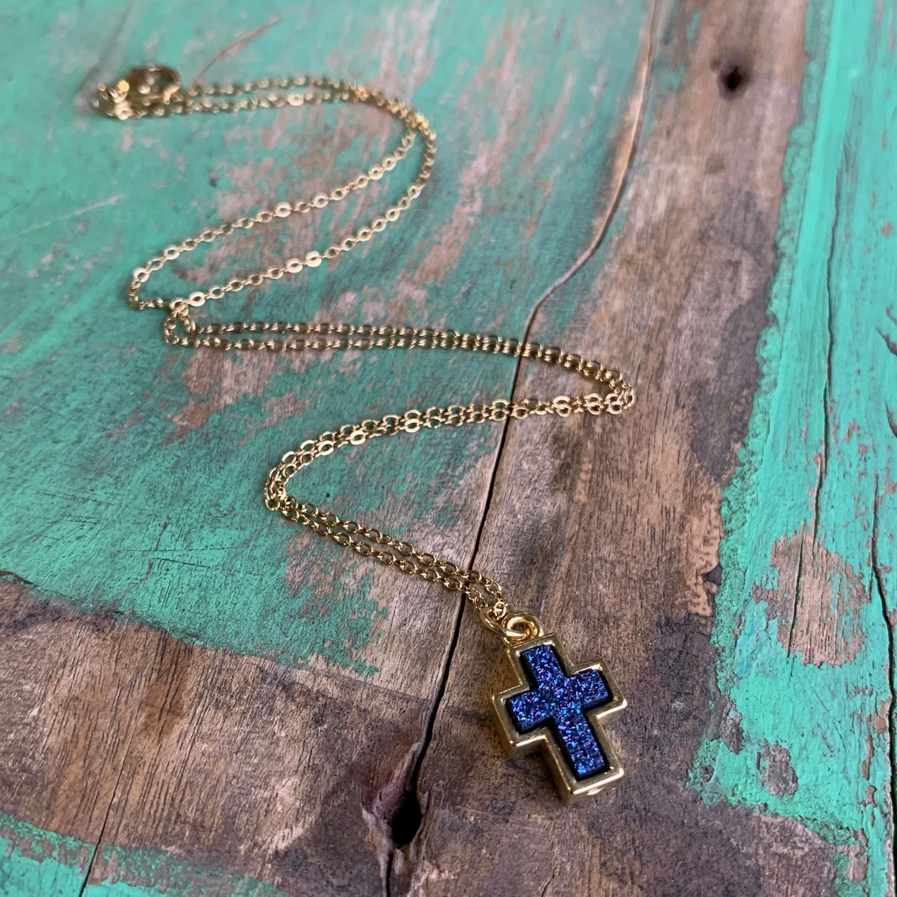 Druzy Brass Cross Necklace and Earrings