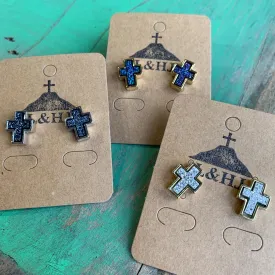 Druzy Brass Cross Necklace and Earrings