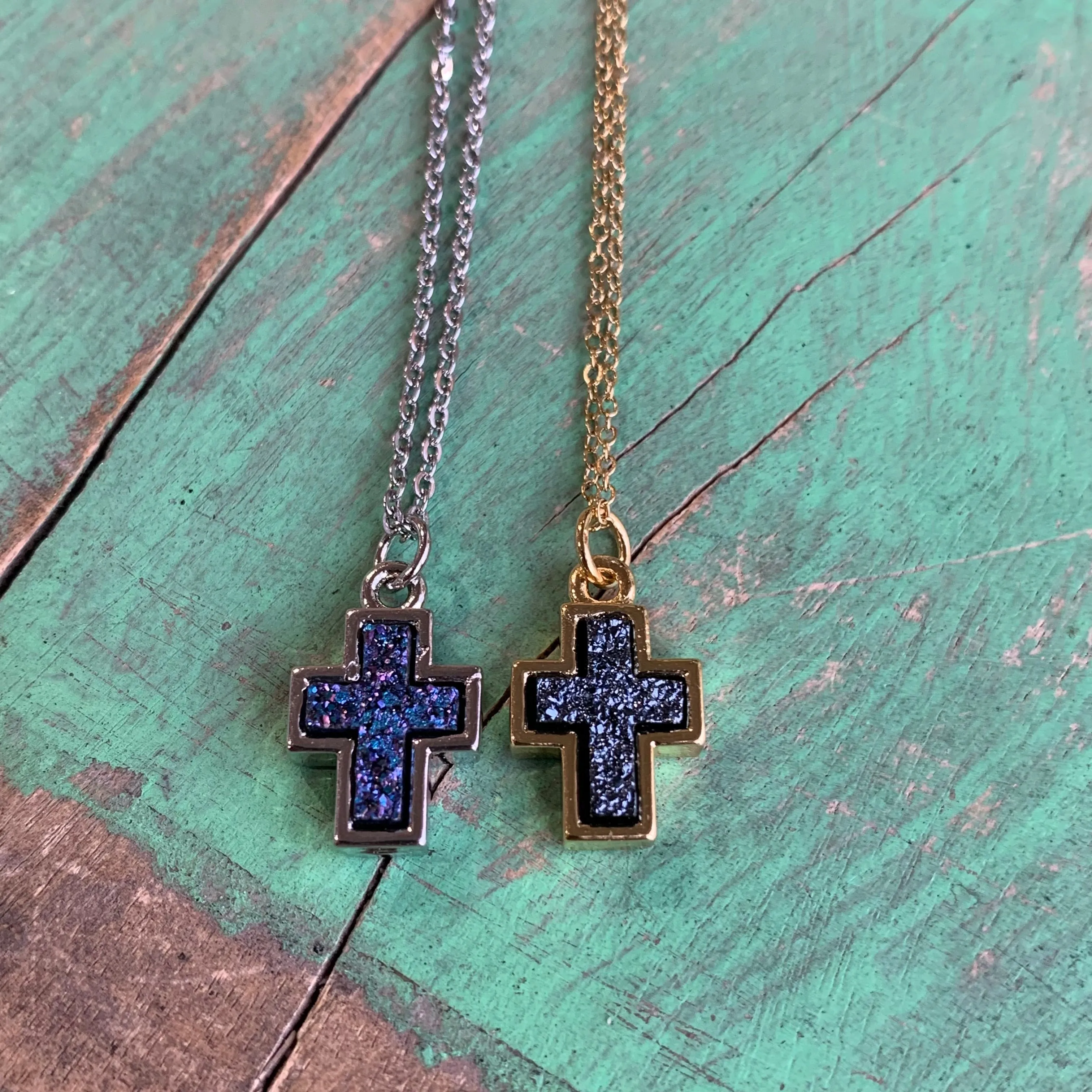 Druzy Brass Cross Necklace and Earrings