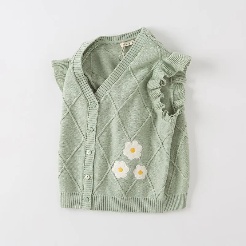 Flower Embroidery Girl Cable Knitted Green Vest