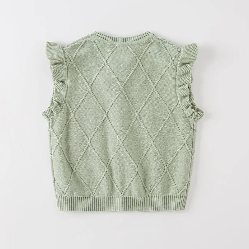 Flower Embroidery Girl Cable Knitted Green Vest