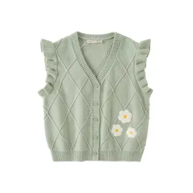 Flower Embroidery Girl Cable Knitted Green Vest