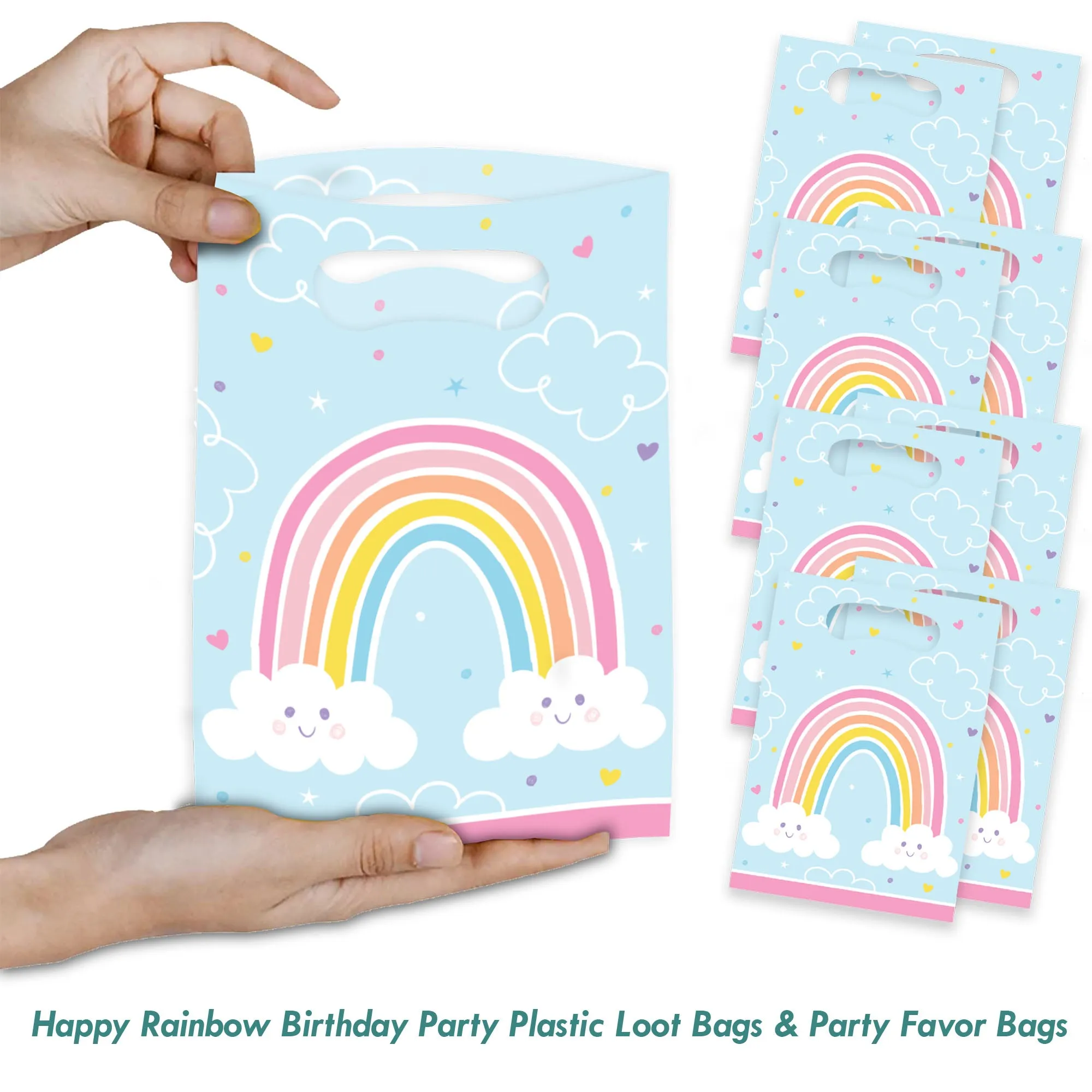 Happy Rainbow Birthday Party Plastic Loot Bags & Party Favor Bags, 9 Inch Size, 16 Count