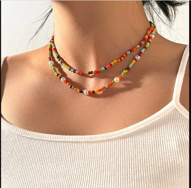 Korean Fashion Colorful Little Daisy Flower Beaded Necklace For Women Bohemian Beads Clavicle Chain Choker Necklace Jewelry