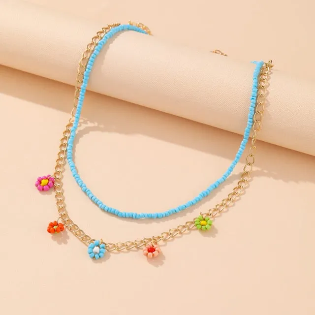 Korean Fashion Colorful Little Daisy Flower Beaded Necklace For Women Bohemian Beads Clavicle Chain Choker Necklace Jewelry