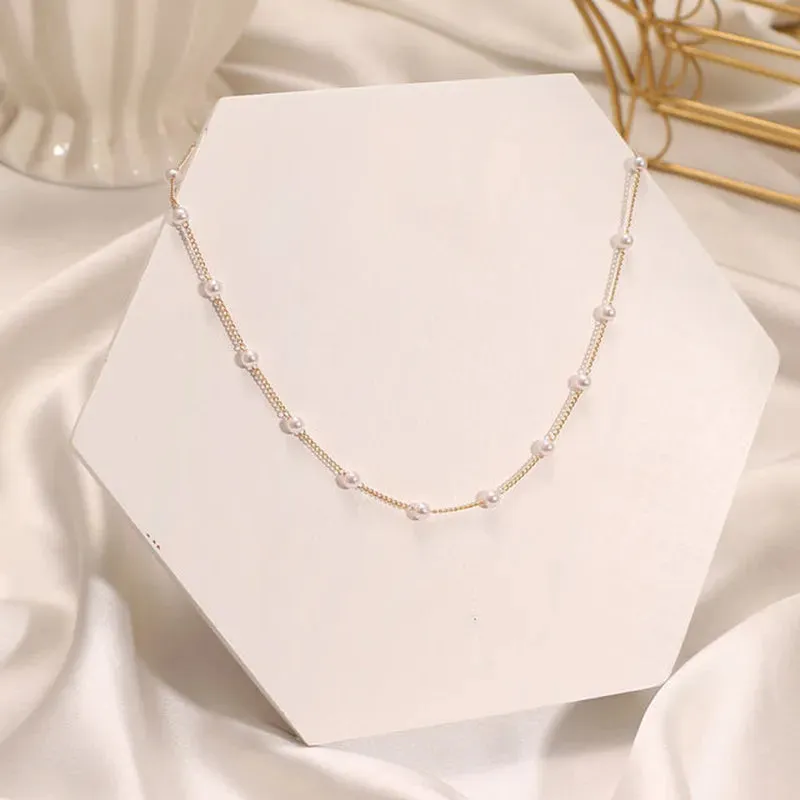 Korean Pearl Gold Pendant Collar Necklace for Girls