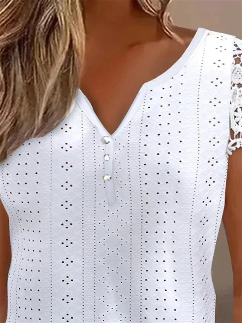 Lace Buttoned Casual V-Neck Plain Blouse for Summer Fashion