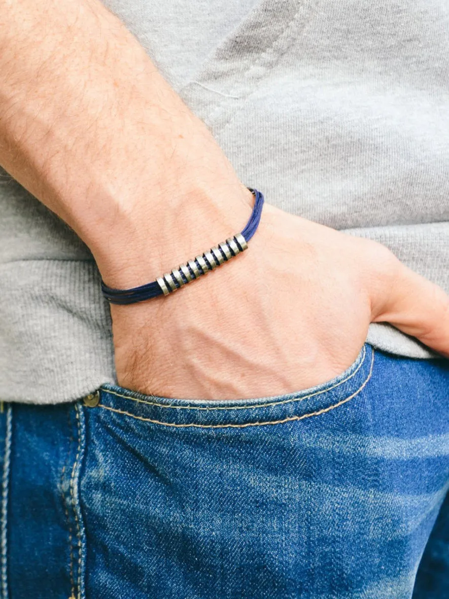 Long striped silver bar bracelet for men, blue cord, gift for him