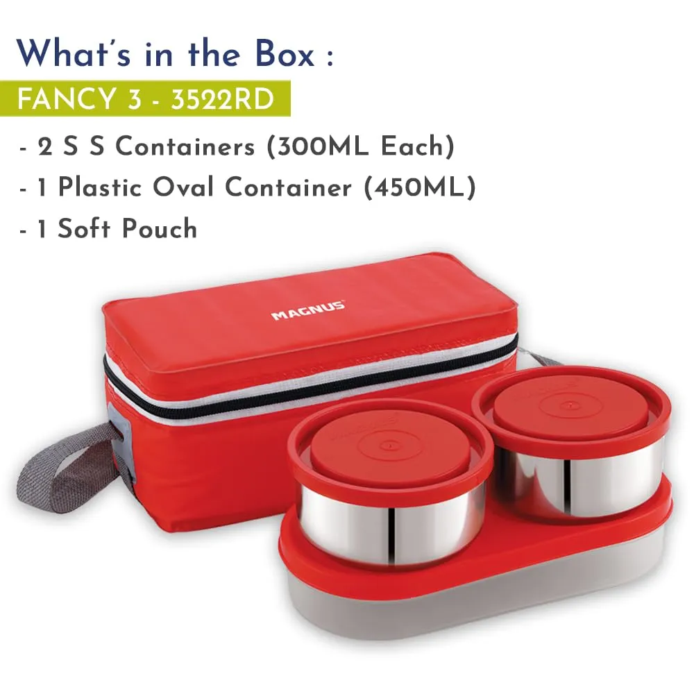 Magnus Fancy 3 Steel Lunch Box Set with Leak-Proof Containers, 3 Compartments, Washable Cover, Stylish Carry Bag - Perfect Lunch Box for Kids and Lunch Boxes for Office Men, Safe Design (Red)