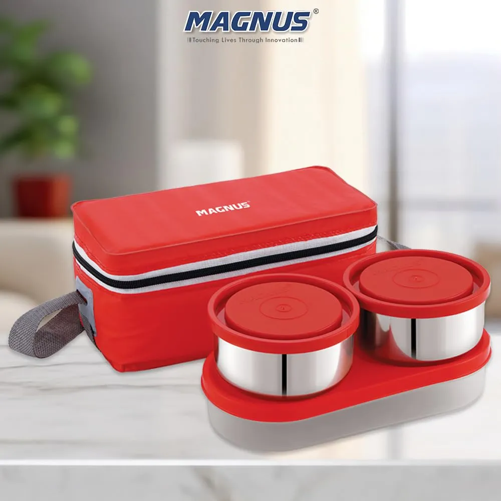 Magnus Fancy 3 Steel Lunch Box Set with Leak-Proof Containers, 3 Compartments, Washable Cover, Stylish Carry Bag - Perfect Lunch Box for Kids and Lunch Boxes for Office Men, Safe Design (Red)