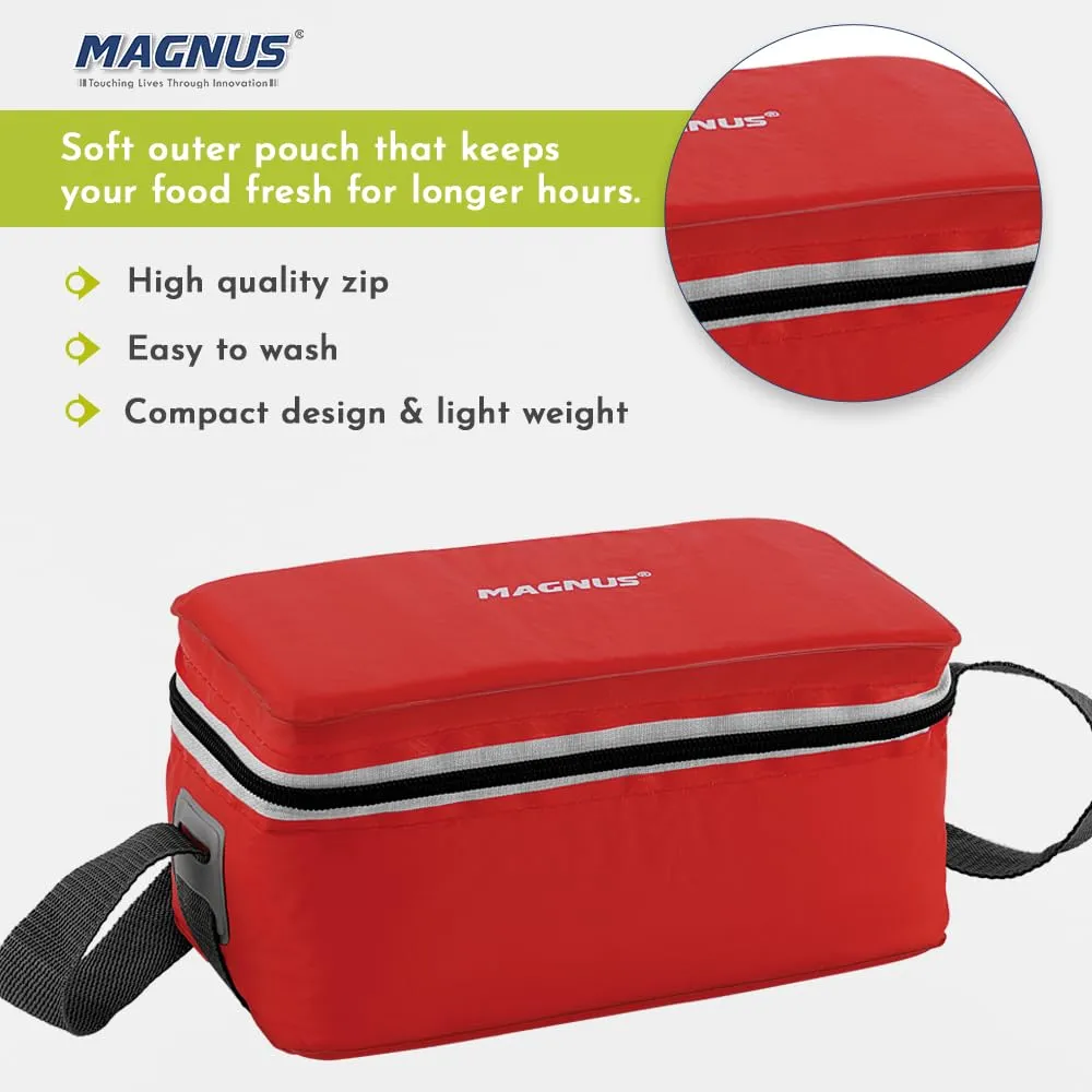 Magnus Fancy 3 Steel Lunch Box Set with Leak-Proof Containers, 3 Compartments, Washable Cover, Stylish Carry Bag - Perfect Lunch Box for Kids and Lunch Boxes for Office Men, Safe Design (Red)