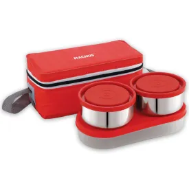 Magnus Fancy 3 Steel Lunch Box Set with Leak-Proof Containers, 3 Compartments, Washable Cover, Stylish Carry Bag - Perfect Lunch Box for Kids and Lunch Boxes for Office Men, Safe Design (Red)