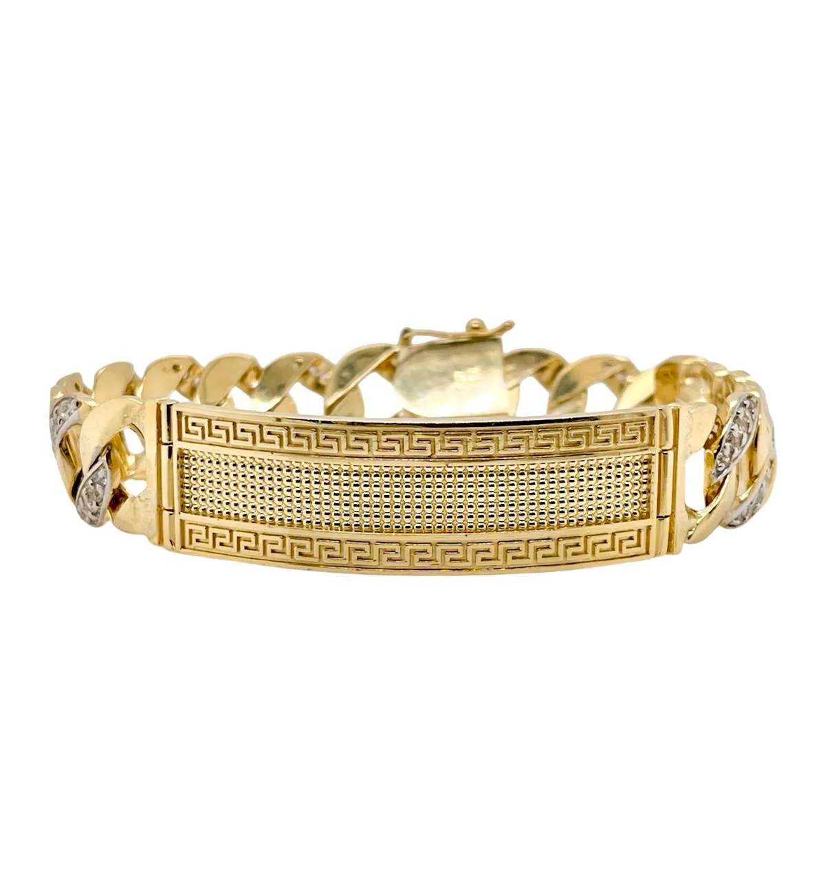 Mens 14K Solid Yellow Gold Greek Key Cuban link ID Bracelet 58 Grams 8.75 in