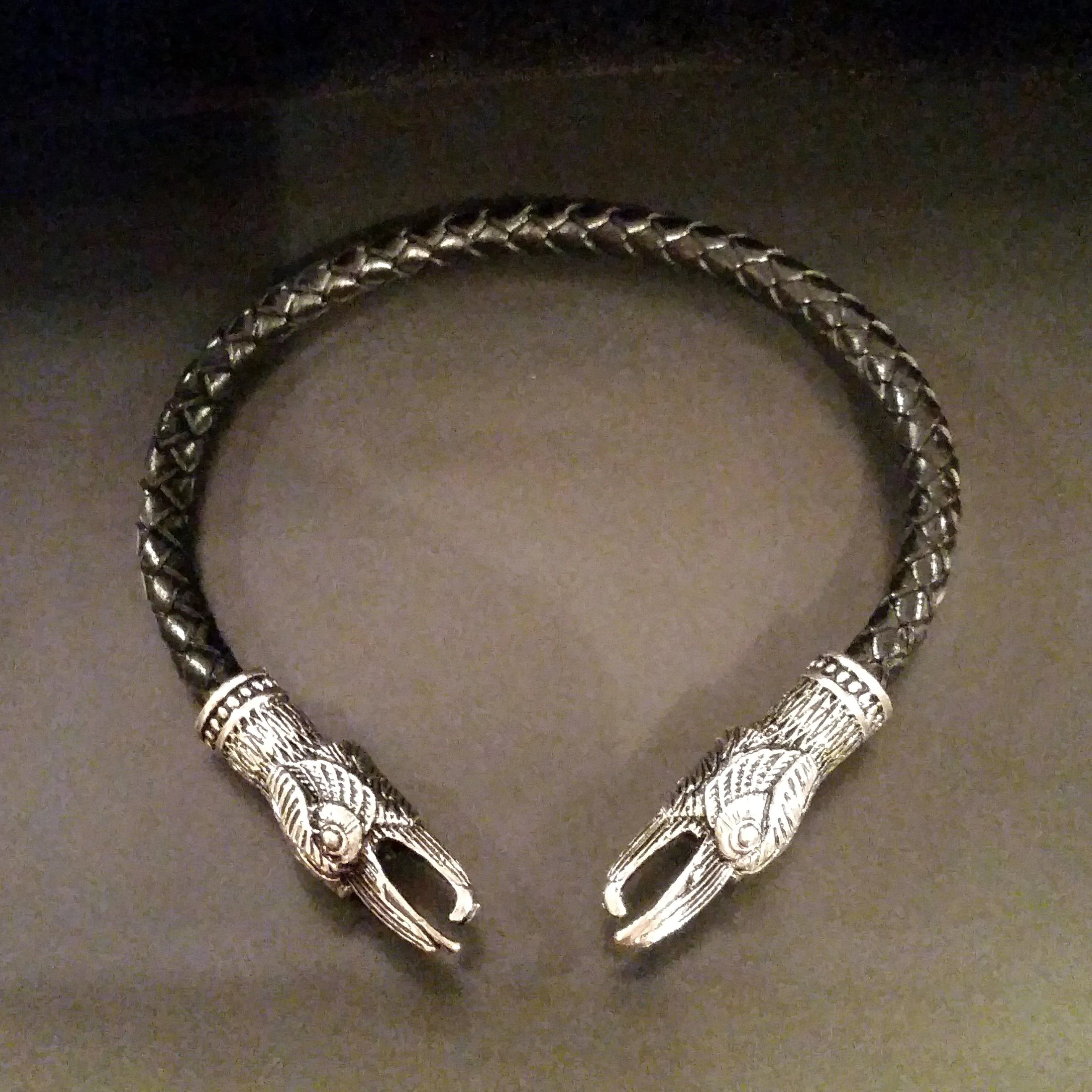 Raven Bracelet Torc Silver Black Leather