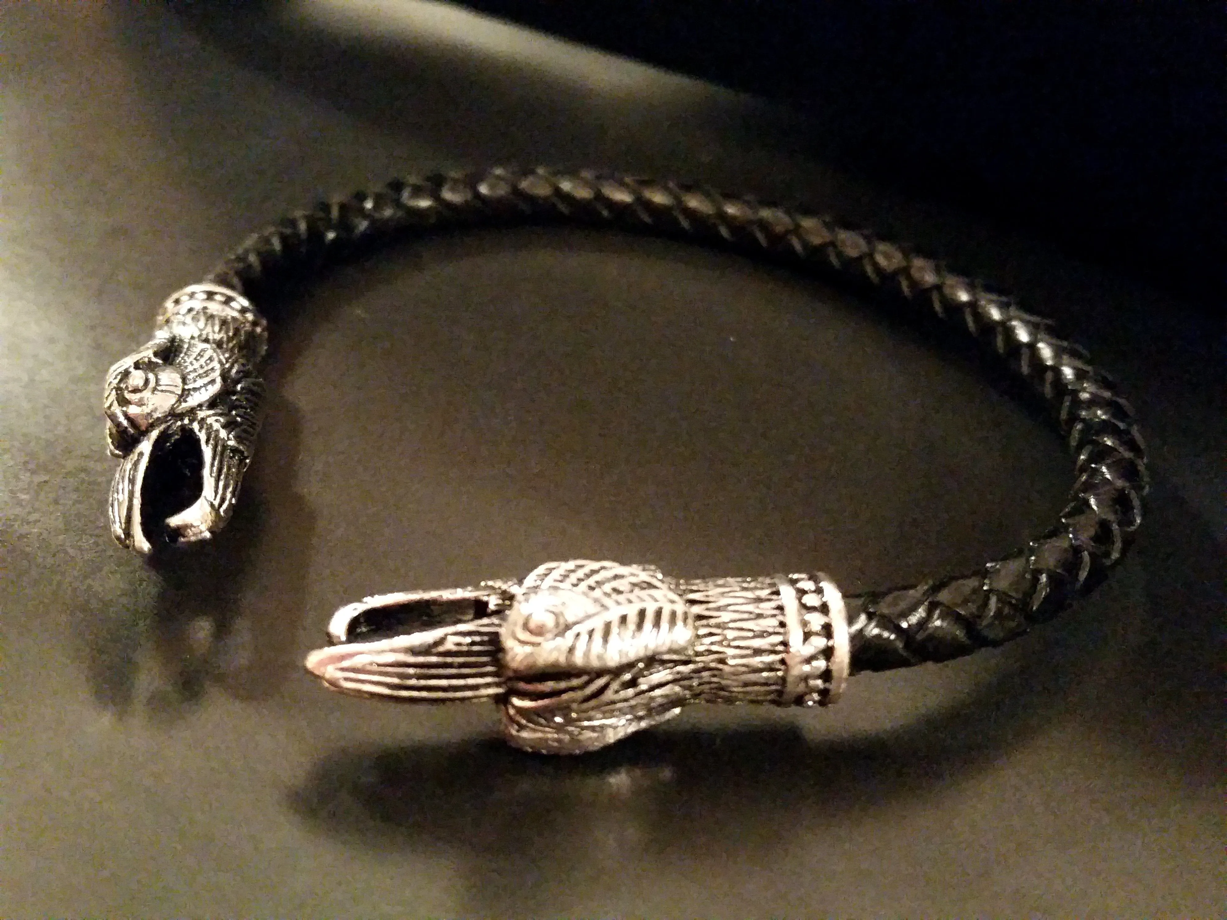 Raven Bracelet Torc Silver Black Leather