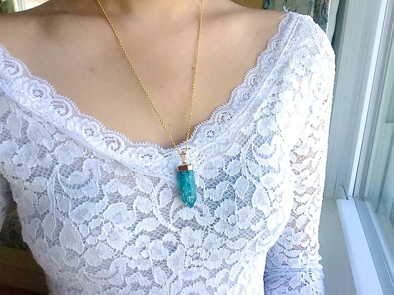 Teal Cracked Quartz Point Necklaces