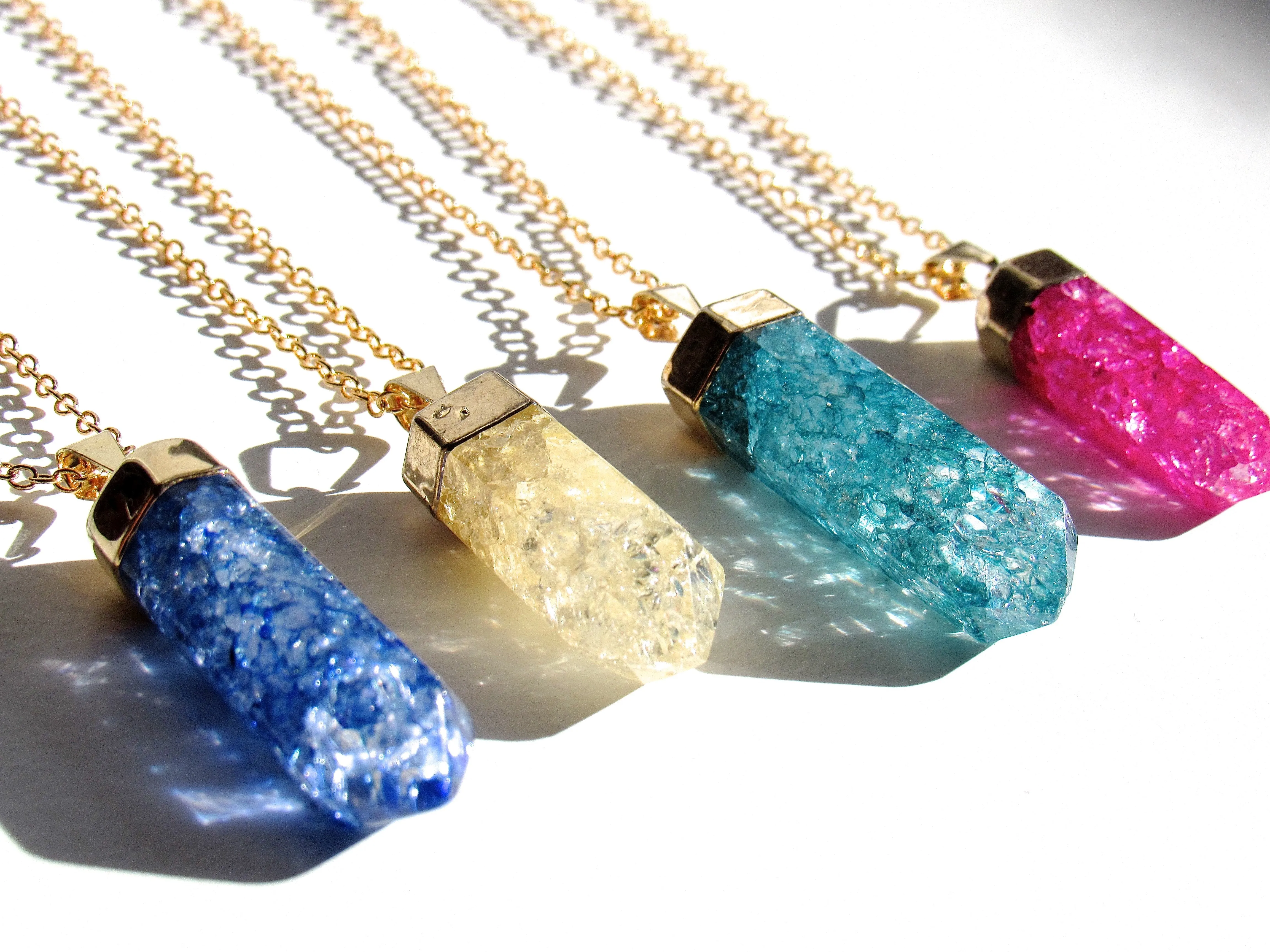 Teal Cracked Quartz Point Necklaces