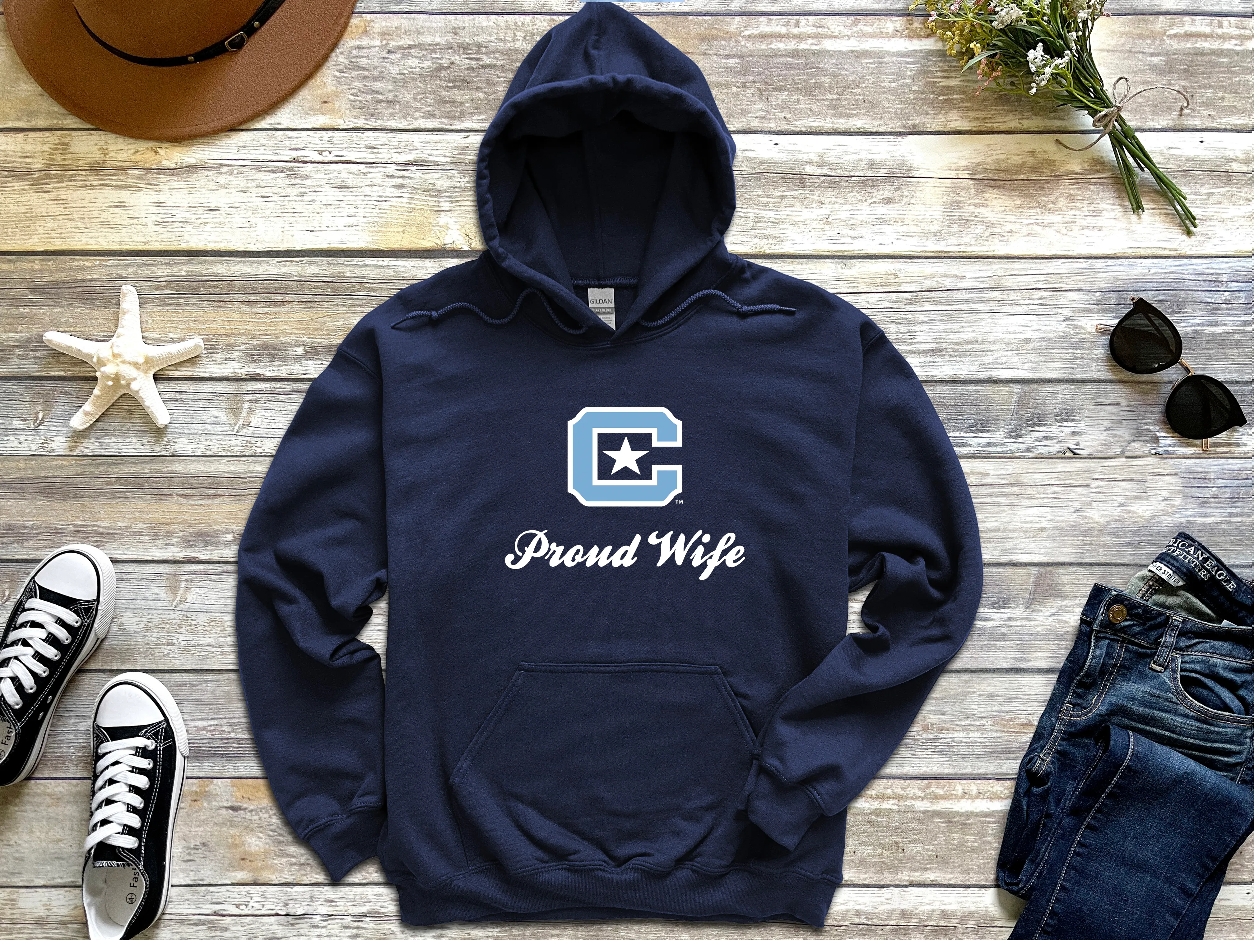 The Citadel Block C Star logo, Proud Wife,  Heavy Blend™ Hooded Sweatshirt