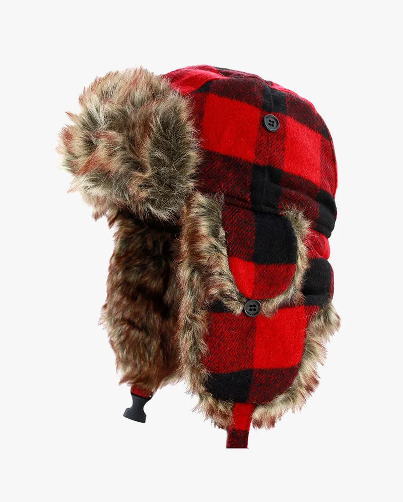 The Hat Depot - Plaid Faux Fur Aviator Trapper